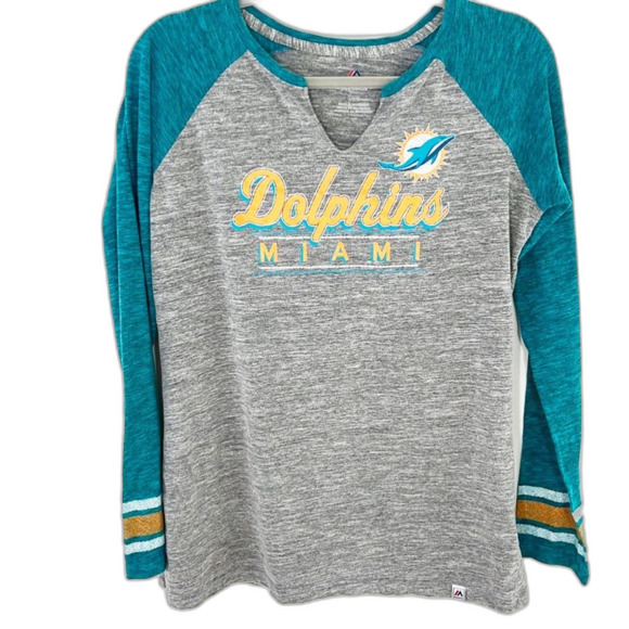 Majestic Dolphins Heathered Long Sleeve Baseball Tee Shirt Gray Size Large - Picture 1 of 8